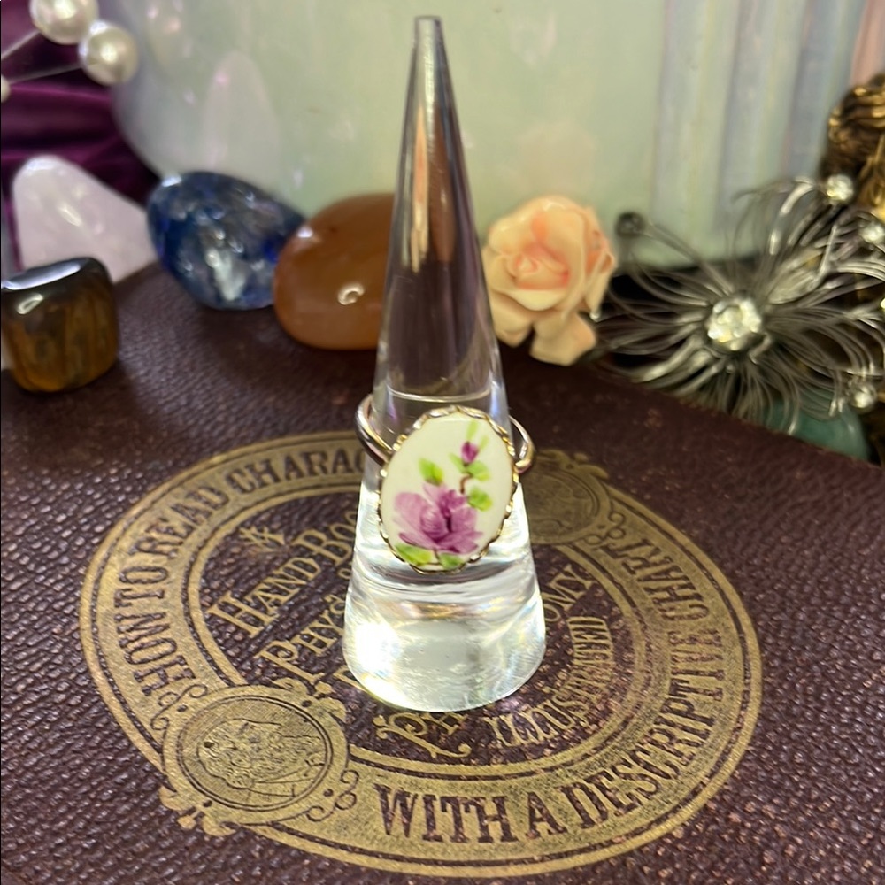 Vintage Hand painted Porcelain Floral Ring with Purple Rose Design adjustable